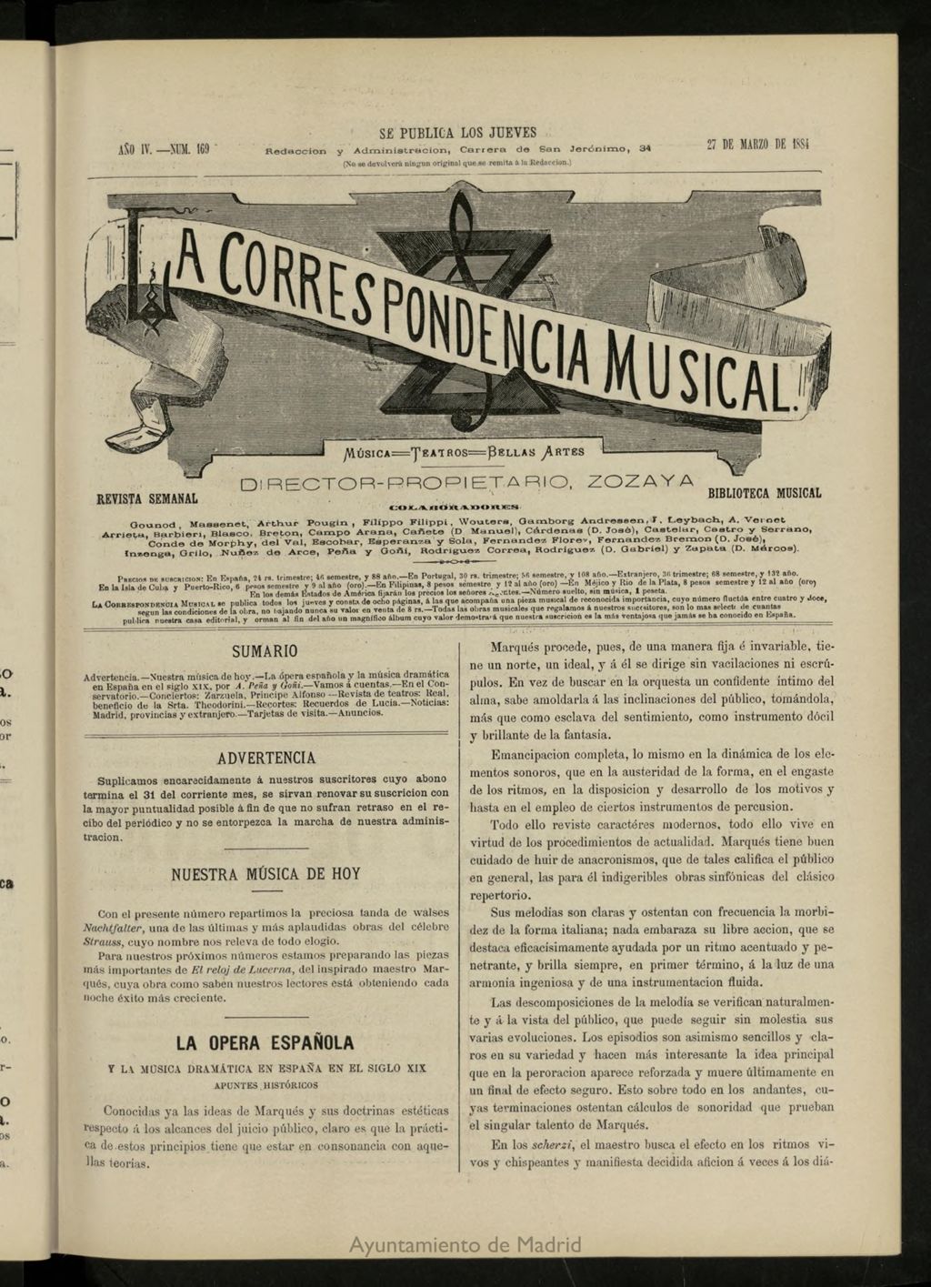 Miniatura de La Correspondencia musical : música, teatros, bellas artes, de 27 de marzo de 1884, nº 169