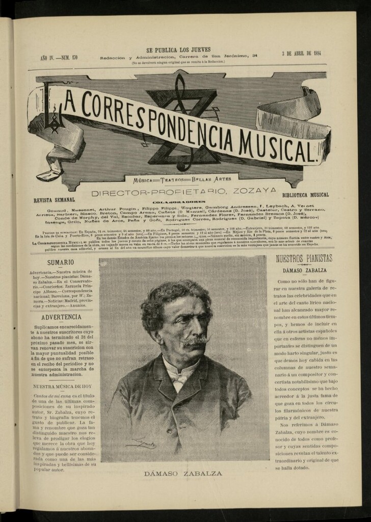 Miniatura de La Correspondencia musical : música, teatros, bellas artes, de 3 de abril de 1884, nº 170