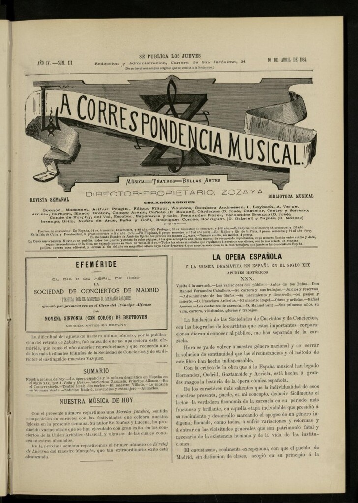 Miniatura de La Correspondencia musical : música, teatros, bellas artes, de 10 de abril de 1884, nº 171