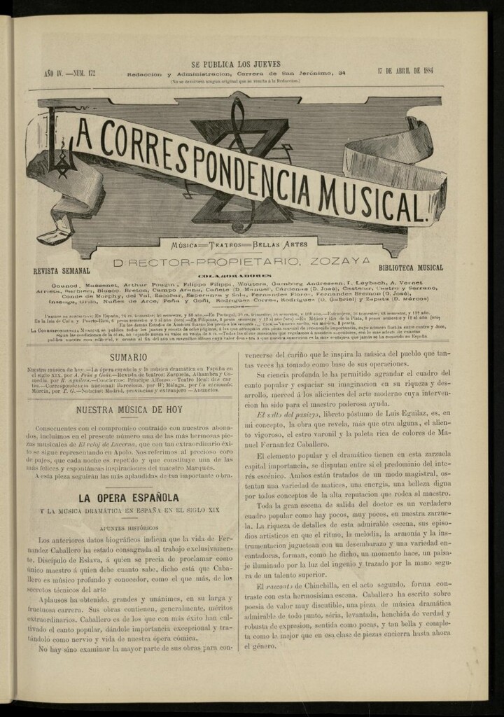 Miniatura de La Correspondencia musical : música, teatros, bellas artes, de 17 de abril de 1884, nº 172
