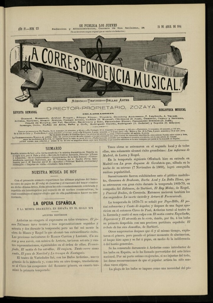 Miniatura de La Correspondencia musical : música, teatros, bellas artes, de 24 de abril de 1884, nº 173