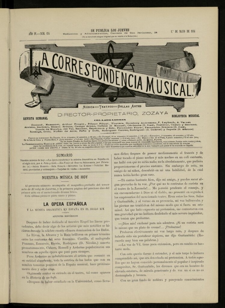 Miniatura de La Correspondencia musical : música, teatros, bellas artes, de 1 de mayo de 1884, nº 174