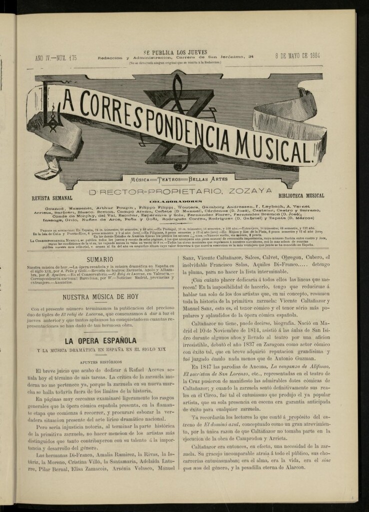 Miniatura de La Correspondencia musical : música, teatros, bellas artes, de 8 de mayo de 1884, nº 175