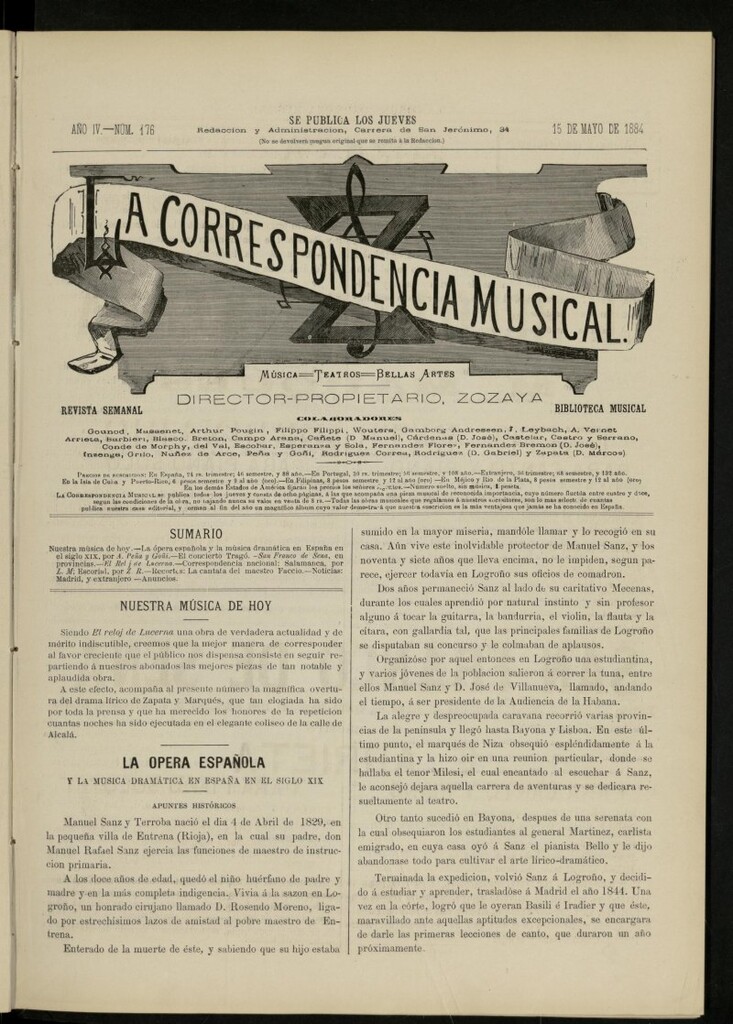 Miniatura de La Correspondencia musical : música, teatros, bellas artes, de 15 de mayo de 1884, nº 176