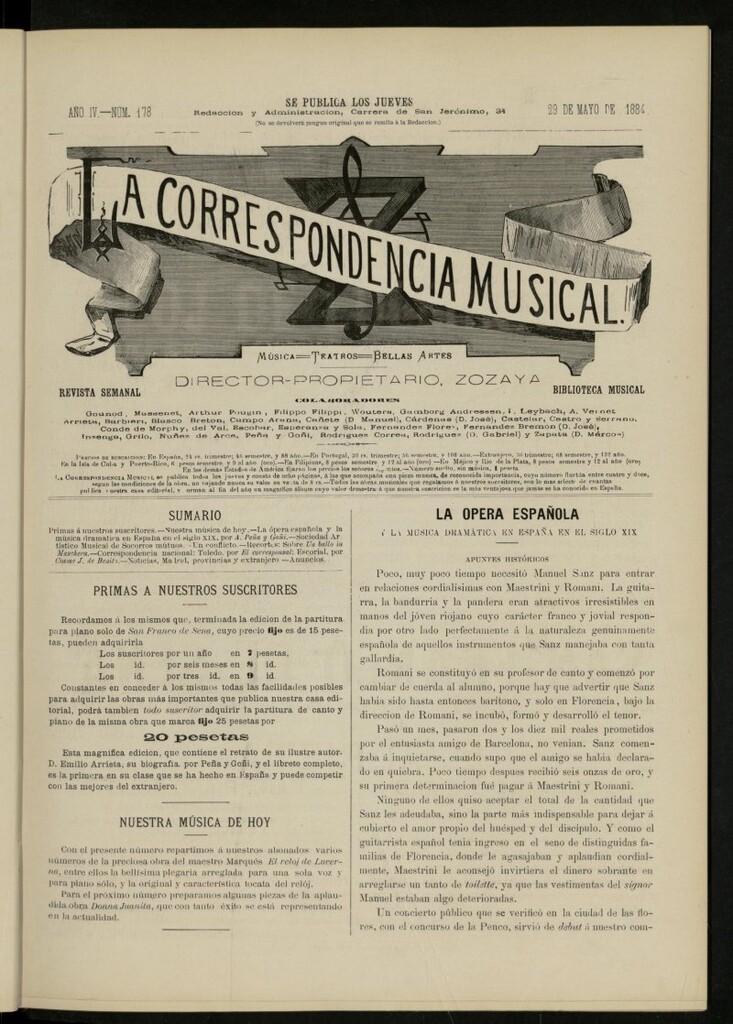Miniatura de La Correspondencia musical : música, teatros, bellas artes, de 29 de mayo de 1884, nº 178