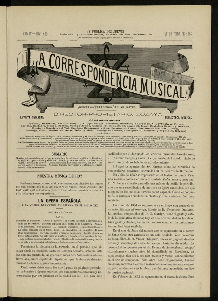 Miniatura de La Correspondencia musical : música, teatros, bellas artes, de 12 de junio de 1884, nº 180