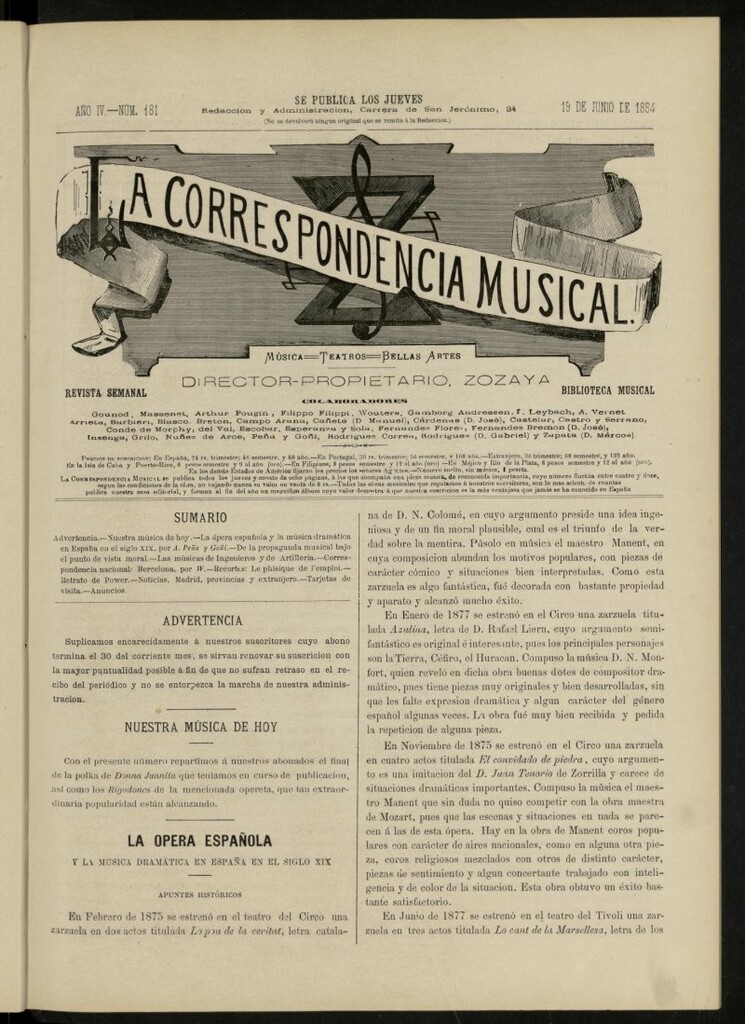 Miniatura de La Correspondencia musical : música, teatros, bellas artes, de 19 de junio de 1884, nº 181