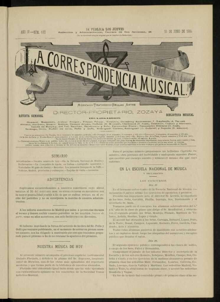 Miniatura de La Correspondencia musical : música, teatros, bellas artes, de 26 de junio de 1884, nº 182