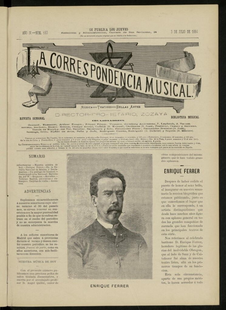 Miniatura de La Correspondencia musical : música, teatros, bellas artes, de 3 de julio de 1884, nº 183