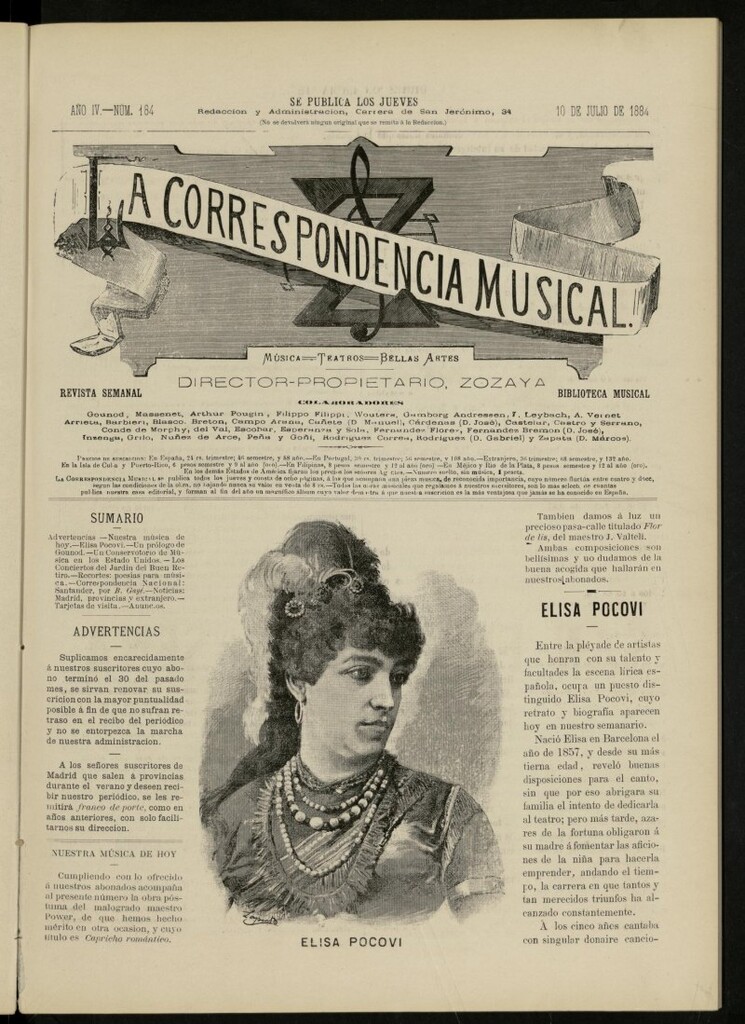 Miniatura de La Correspondencia musical : música, teatros, bellas artes, de 10 de julio de 1884, nº 184