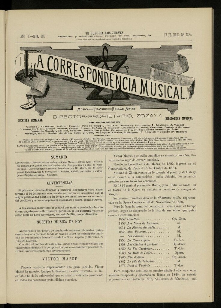 Miniatura de La Correspondencia musical : música, teatros, bellas artes, de 17 de julio de 1884, nº 185