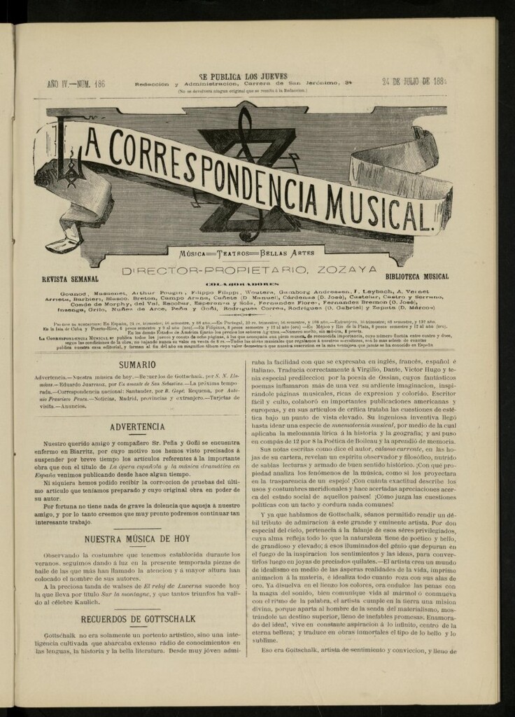 Miniatura de La Correspondencia musical : música, teatros, bellas artes, de 24 de julio de 1884, nº 186