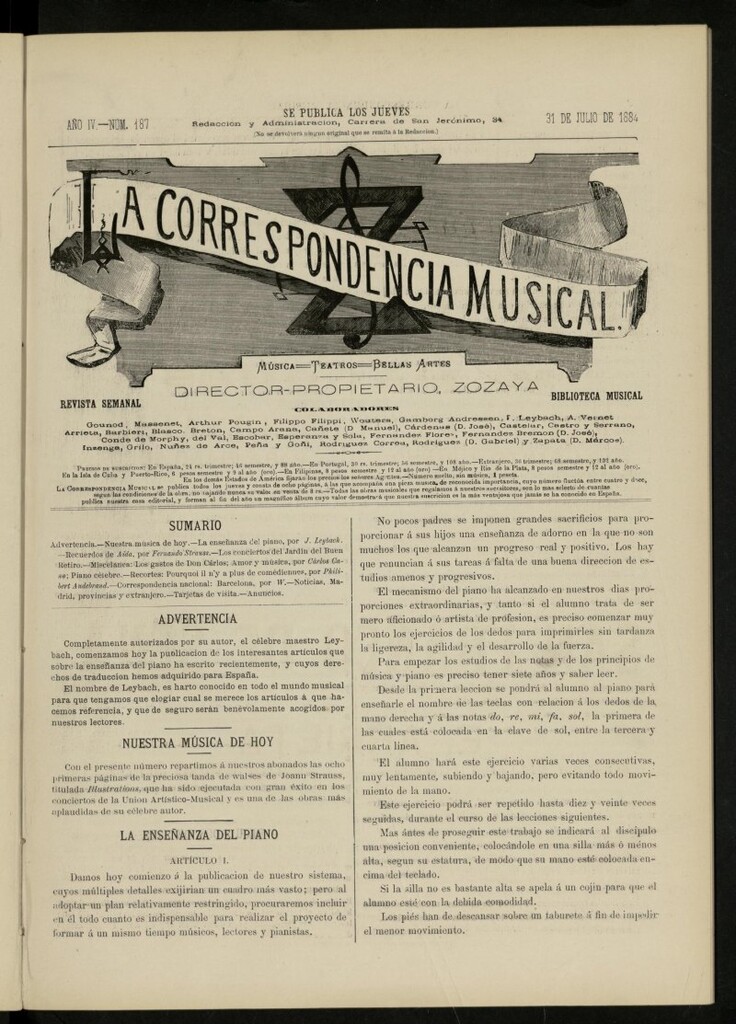 Miniatura de La Correspondencia musical : música, teatros, bellas artes, de 31 de julio de 1884, nº 187