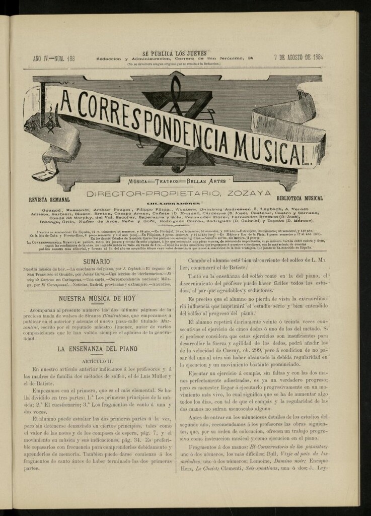 Miniatura de La Correspondencia musical : música, teatros, bellas artes, de 7 de agosto de 1884, nº 188