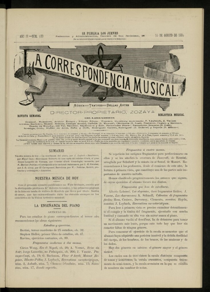 Miniatura de La Correspondencia musical : música, teatros, bellas artes, de 14 de agosto de 1884, nº 189