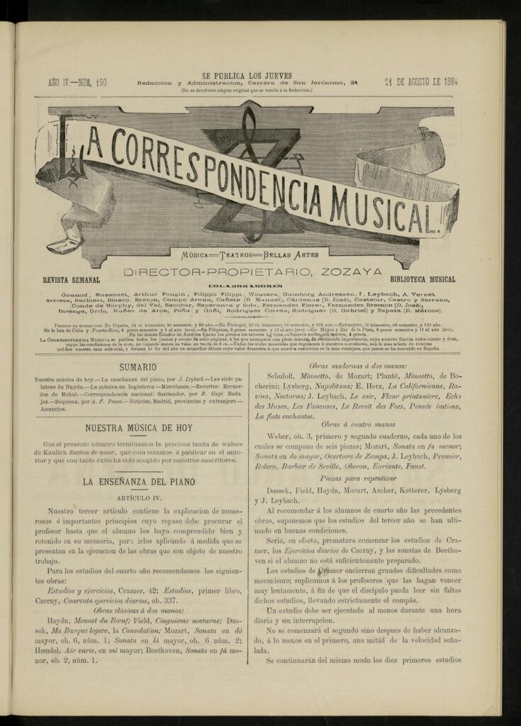 Miniatura de La Correspondencia musical : música, teatros, bellas artes , de 21 de agosto de 1884, nº 190