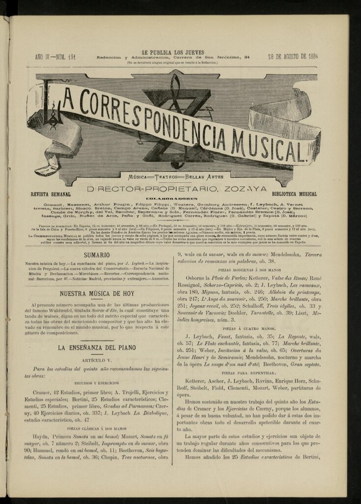 Miniatura de La Correspondencia musical : música, teatros, bellas artes, de 28 de agosto de 1884, nº 191