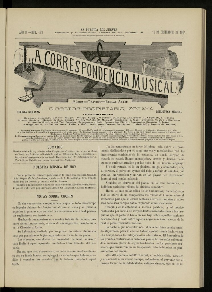 Miniatura de La Correspondencia musical : música, teatros, bellas artes, de 11 de septiembre de 1884, nº 193