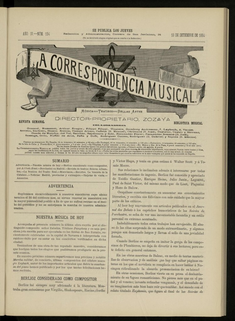 Miniatura de La Correspondencia musical : música, teatros, bellas artes, de 18 de septiembre de 1884, nº 194