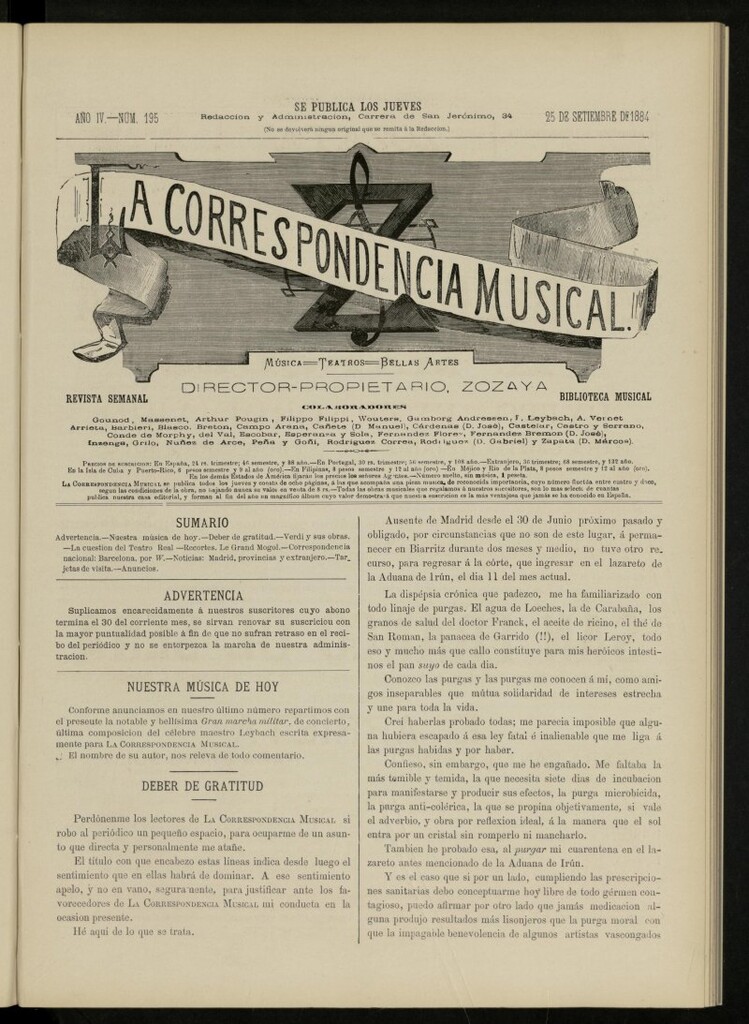 Miniatura de La Correspondencia musical : música, teatros, bellas artes, de 25 de septiembre de 1884, nº 195