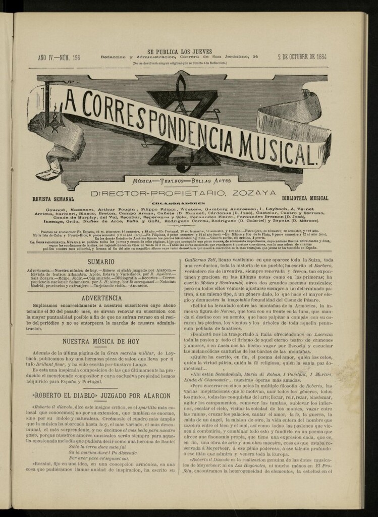 Miniatura de La Correspondencia musical : música, teatros, bellas artes, de 2 de octubre de 1884, nº 196