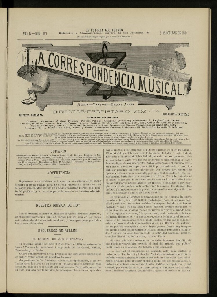 Miniatura de La Correspondencia musical : música, teatros, bellas artes, de 9 de octubre de 1884, nº 197