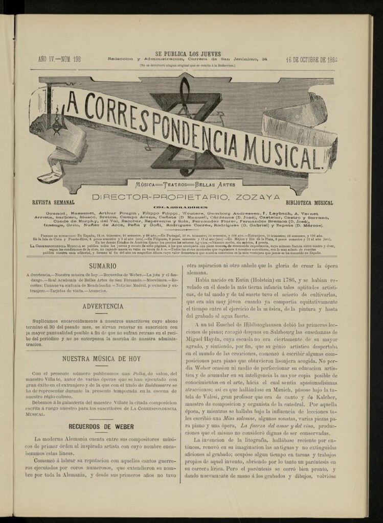 Miniatura de La Correspondencia musical : música, teatros, bellas artes, de 16 de octubre de 1884, nº 198