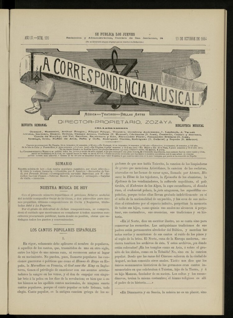 Miniatura de La Correspondencia musical : música, teatros, bellas artes, de 23 de octubre de 1884, nº 199
