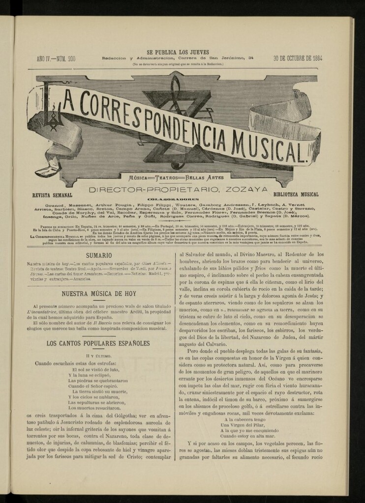 Miniatura de La Correspondencia musical : música, teatros, bellas artes, de 30 de octubre de 1884, nº 200