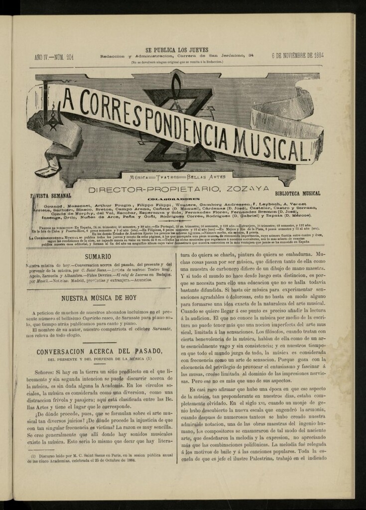 Miniatura de La Correspondencia musical : música, teatros, bellas artes, de 6 de noviembre de 1884, nº 201