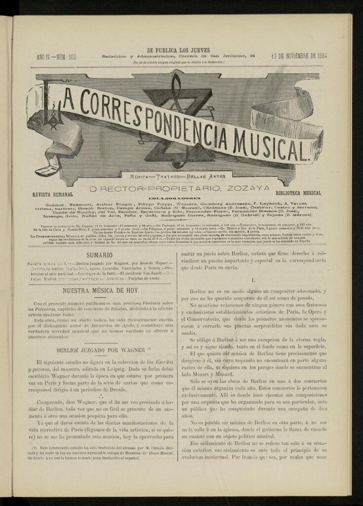 Miniatura de La Correspondencia musical : música, teatros, bellas artes, de 13 de noviembre de 1884, nº 202
