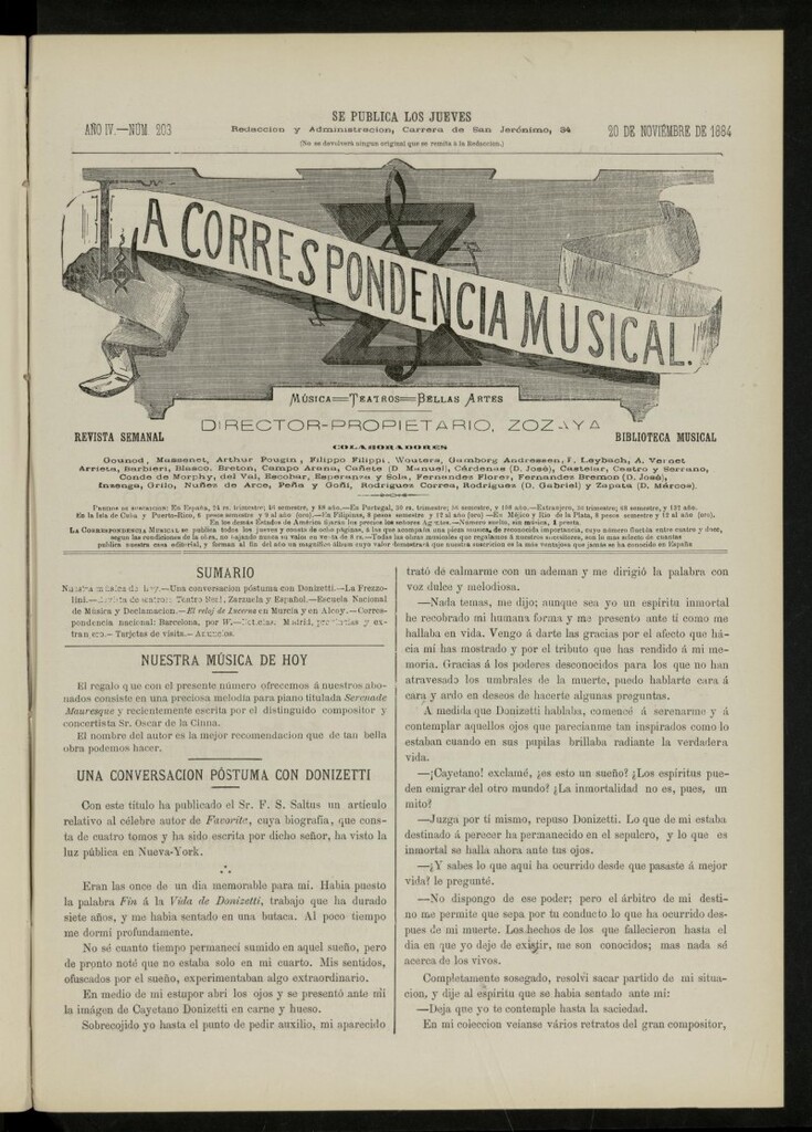 Miniatura de La Correspondencia musical : música, teatros, bellas artes, de 20 de noviembre de 1884, nº 203
