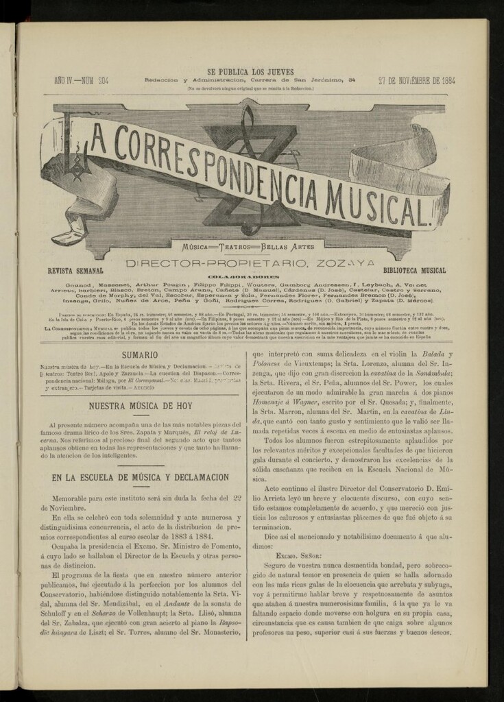 Miniatura de La Correspondencia musical : música, teatros, bellas artes, de 27 de noviembre de 1884, nº 204