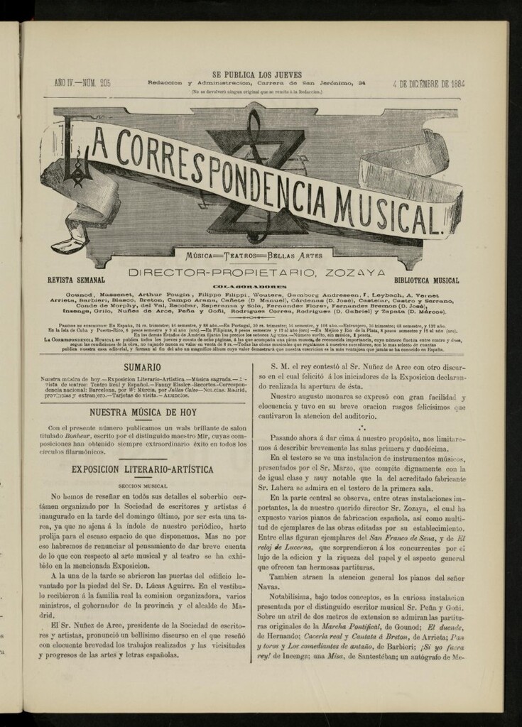 Miniatura de La Correspondencia musical : música, teatros, bellas artes, de 4 de diciembre de 1884, nº 205