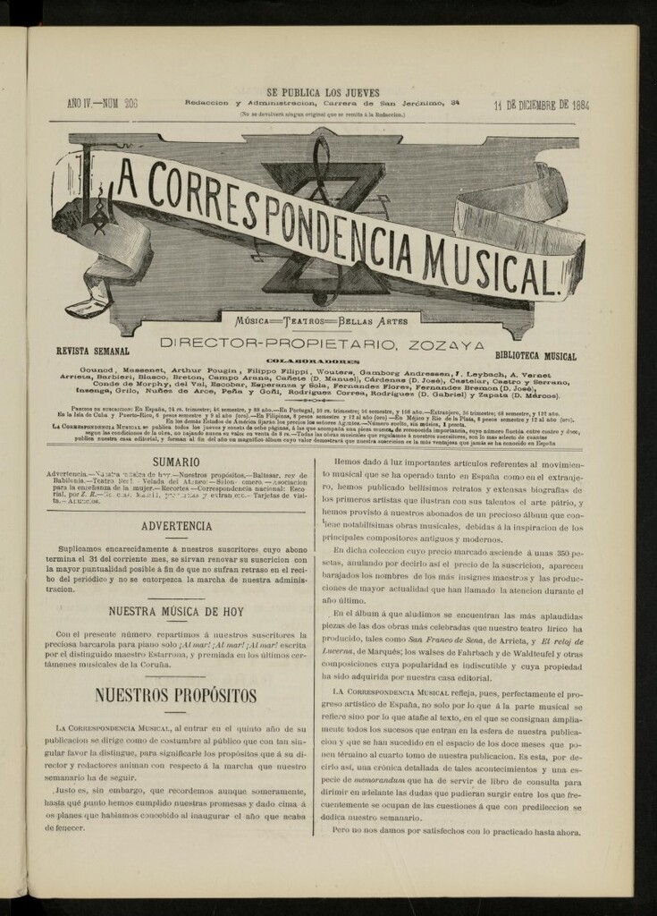 Miniatura de La Correspondencia musical : música, teatros, bellas artes, de 11 de diciembre de 1884, nº 206
