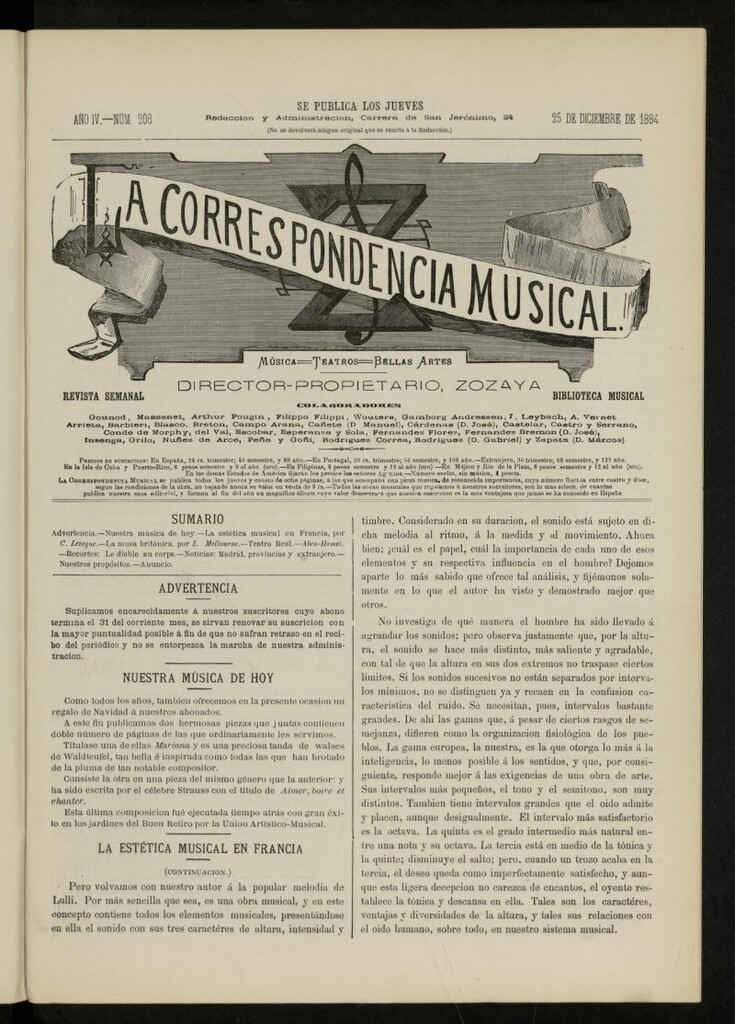Miniatura de La Correspondencia musical : música, teatros, bellas artes, de 25 de diciembre de 1884, nº 208