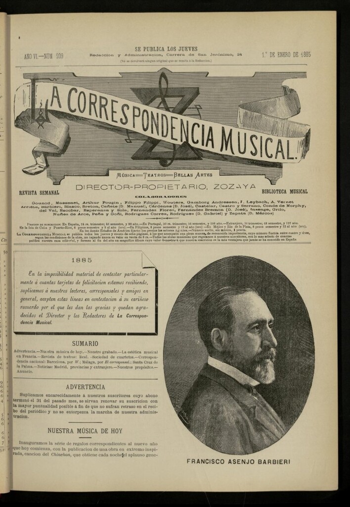 Miniatura de La Correspondencia musical : música, teatros, bellas artes, de 1 de enero de 1885, nº 209