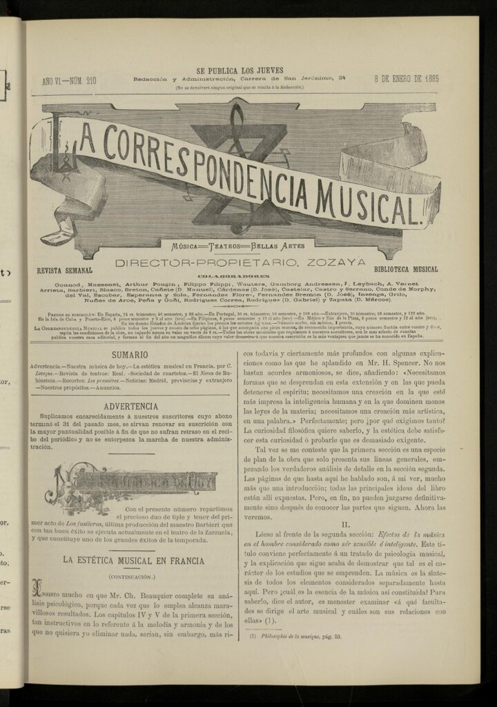 Miniatura de La Correspondencia musical : música, teatros, bellas artes, de 8 de enero de 1885, nº 210