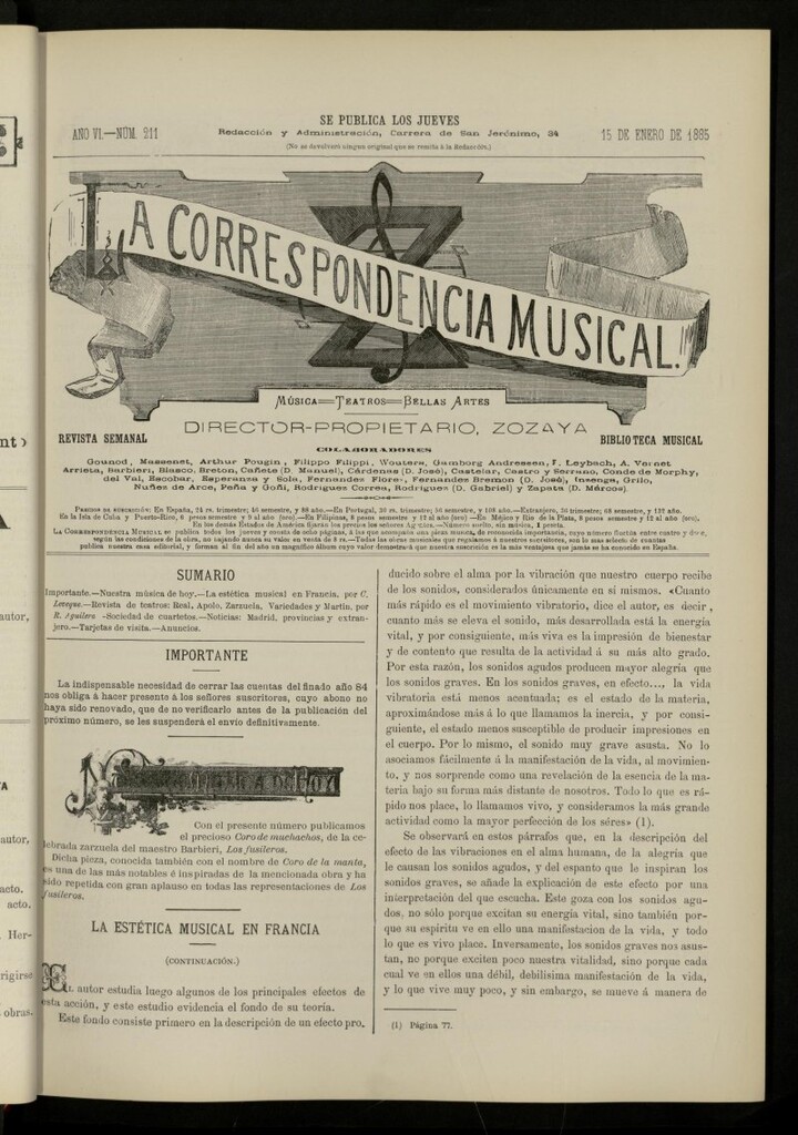 Miniatura de La Correspondencia musical : música, teatros, bellas artes, de 15 de enero de 1885, nº 211