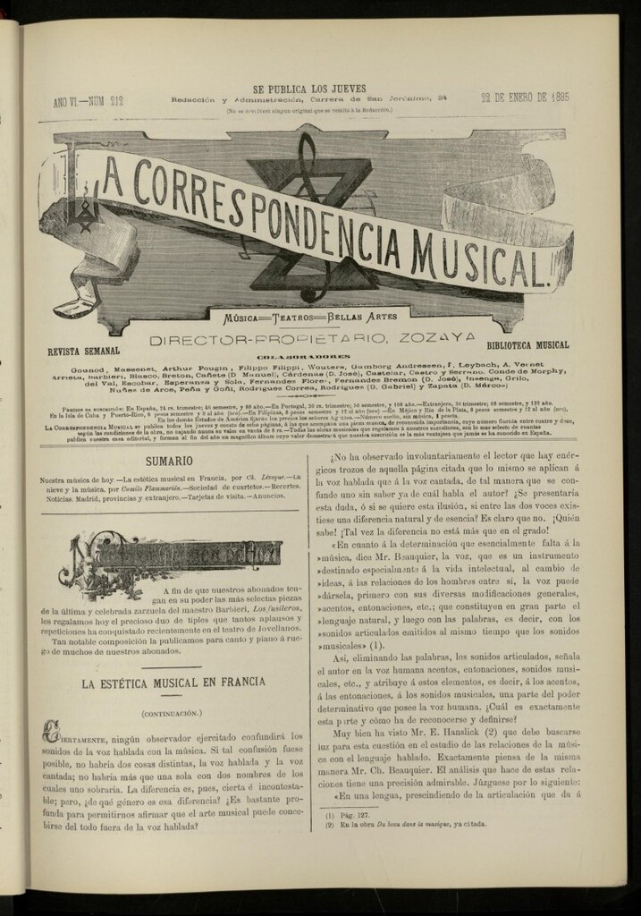 Miniatura de La Correspondencia musical : música, teatros, bellas artes, de 22 de enero de 1885, nº 212