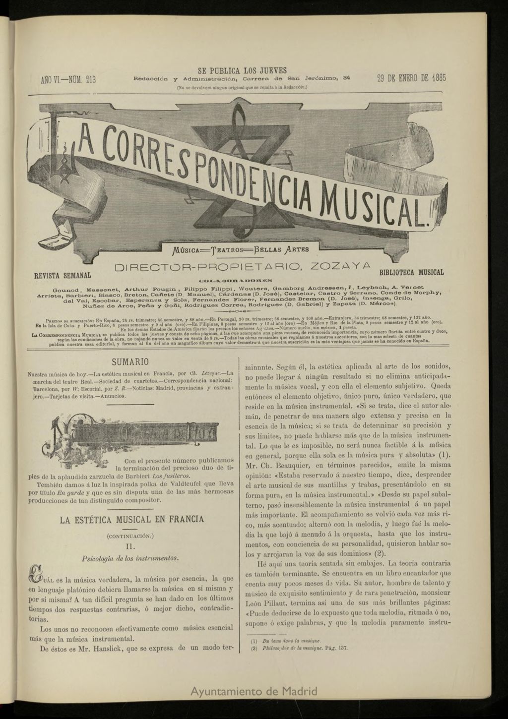 Miniatura de La Correspondencia musical : música, teatros, bellas artes, de 29 de enero de 1885, nº 213