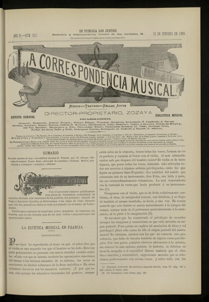 Miniatura de La Correspondencia musical : música, teatros, bellas artes, de 12 de febrero de 1885, nº 215