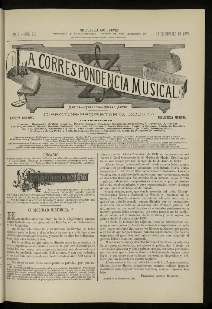 Miniatura de La Correspondencia musical : música, teatros, bellas artes, de 19 de febrero de 1885, nº 216
