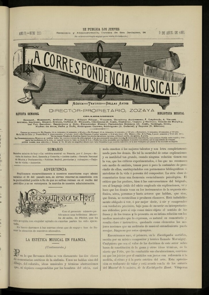 Miniatura de La Correspondencia musical : música, teatros, bellas artes, de 9 de abril de 1885, nº 223
