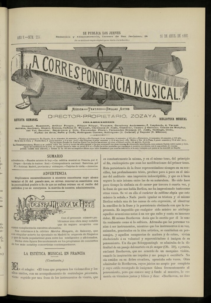 Miniatura de La Correspondencia musical : música, teatros, bellas artes, de 16 de abril de 1885, nº 224