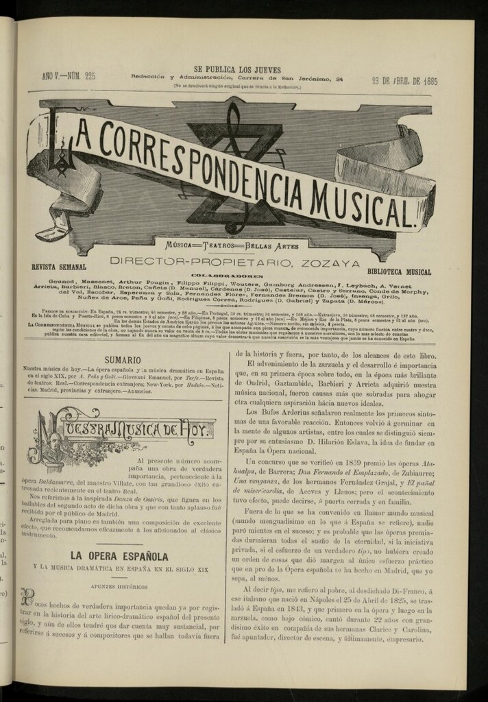 Miniatura de La Correspondencia musical : música, teatros, bellas artes, de 23 de abril de 1885, nº 225