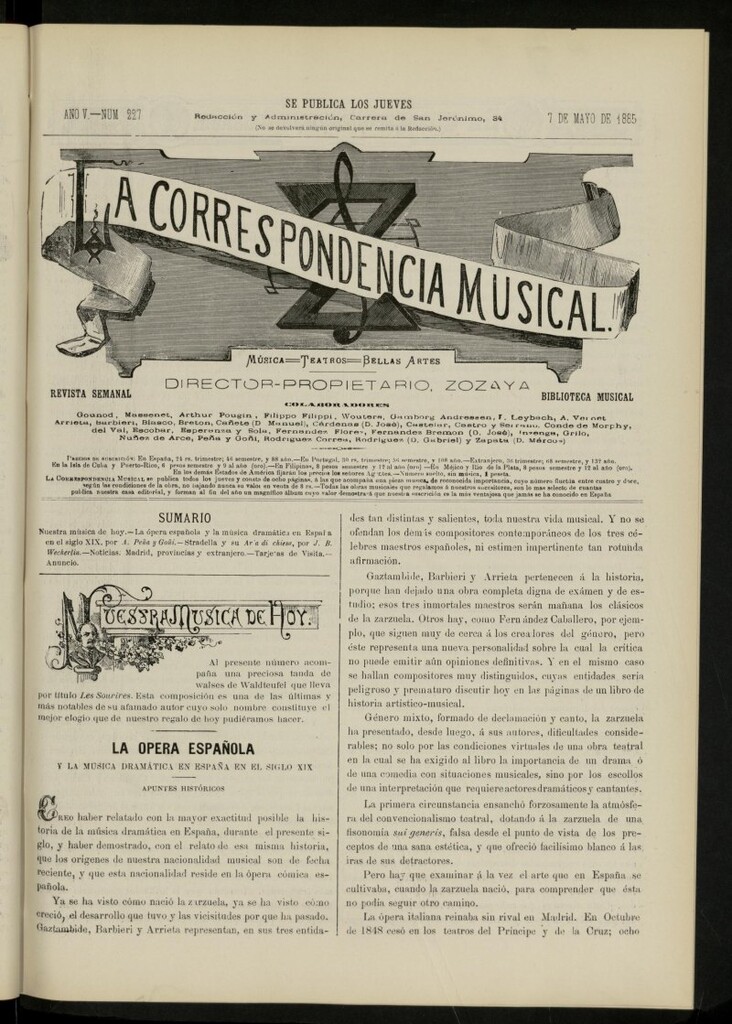 Miniatura de La Correspondencia musical : música, teatros, bellas artes, de 7 de mayo de 1885, nº 227