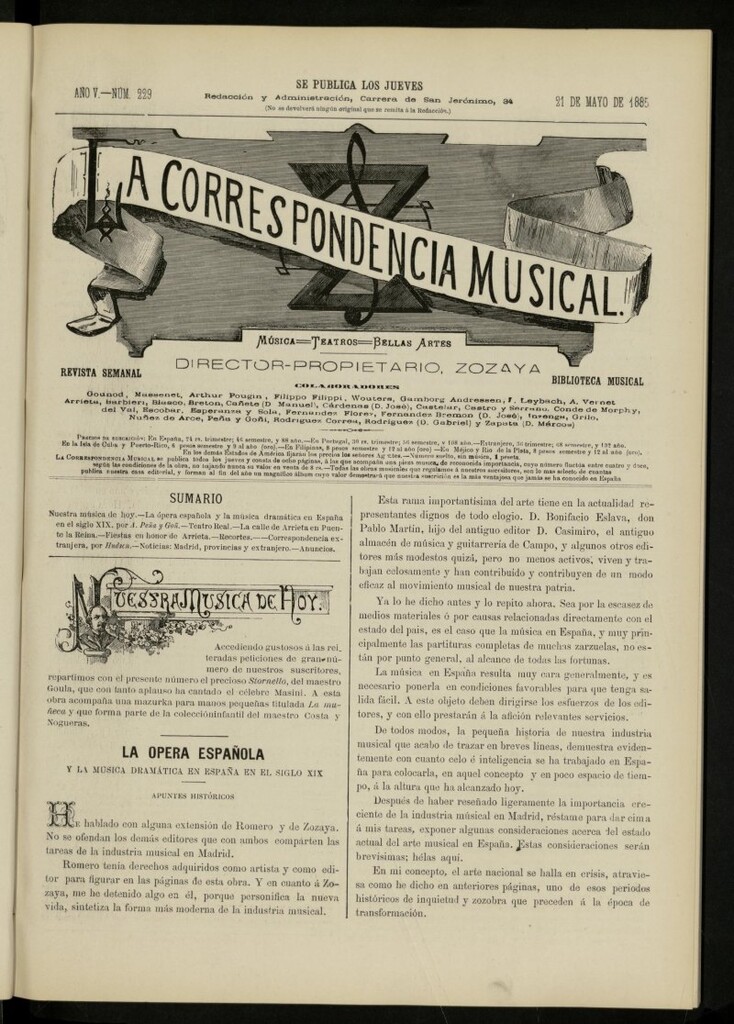 Miniatura de La Correspondencia musical : música, teatros, bellas artes, de 21 de mayo de 1885, nº 229