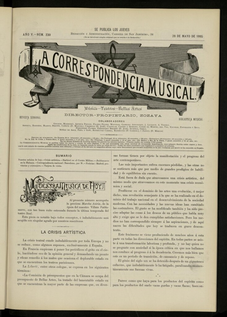 Miniatura de La Correspondencia musical : música, teatros, bellas artes, de 28 de mayo de 1885, nº 230