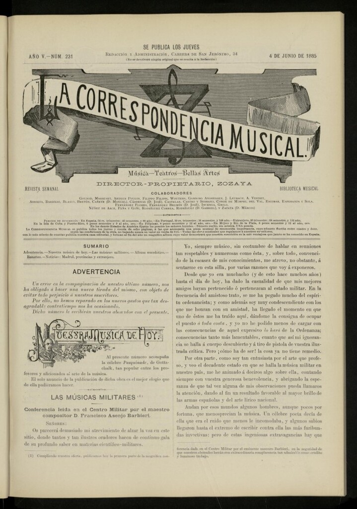 Miniatura de La Correspondencia musical : música, teatros, bellas artes, de 4 de junio de 1885, nº 231